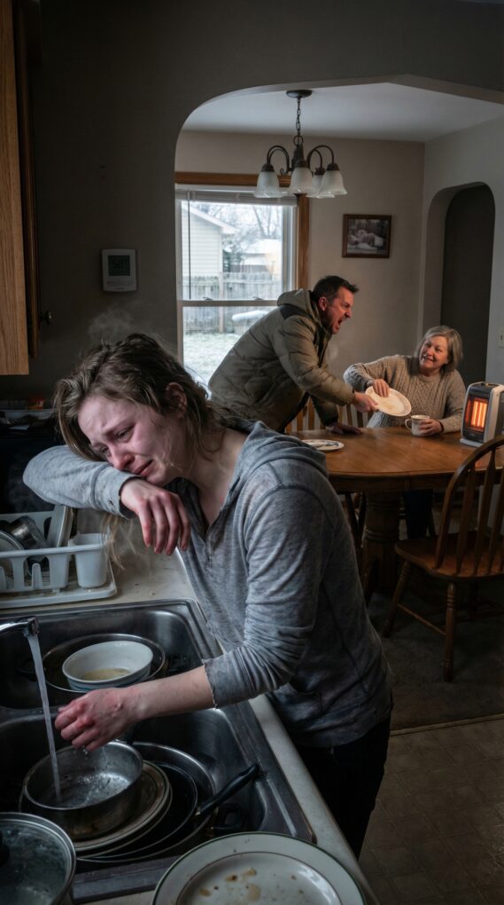 Értesítés nélkül meglátogattam a lányomat, és teljesen ledöbbentem! Az anyósa és a férje ültek és ettek, miközben a lány mosogatott, vacogva a hidegtől. A férje kikapta a tányért az anyja kezéből, és rákiáltott: “Ne mosogass, hozz még ennivalót!” Halkan telefonáltam. Öt perccel később minden megváltozott, és…