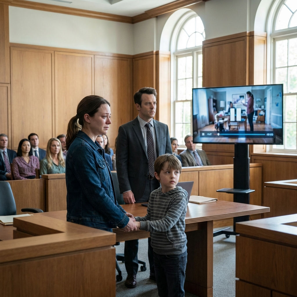 Eu estava no tribunal com as palmas das mãos a transpirar quando o meu marido disse, com a voz firme: “Quero a casa, os carros… tudo… menos o rapaz.” Senti um nó na garganta. Então, o meu filho de sete anos puxou-me a manga e sussurrou: “Mãe, por favor.” Virou-se para o juiz. “Meritíssimo, posso mostrar um vídeo?” O ecrã acendeu. Um clipe. Um momento. E, de repente, o tribunal mergulhou num silêncio tão pesado que até doía. Então, o meu marido empalideceu.