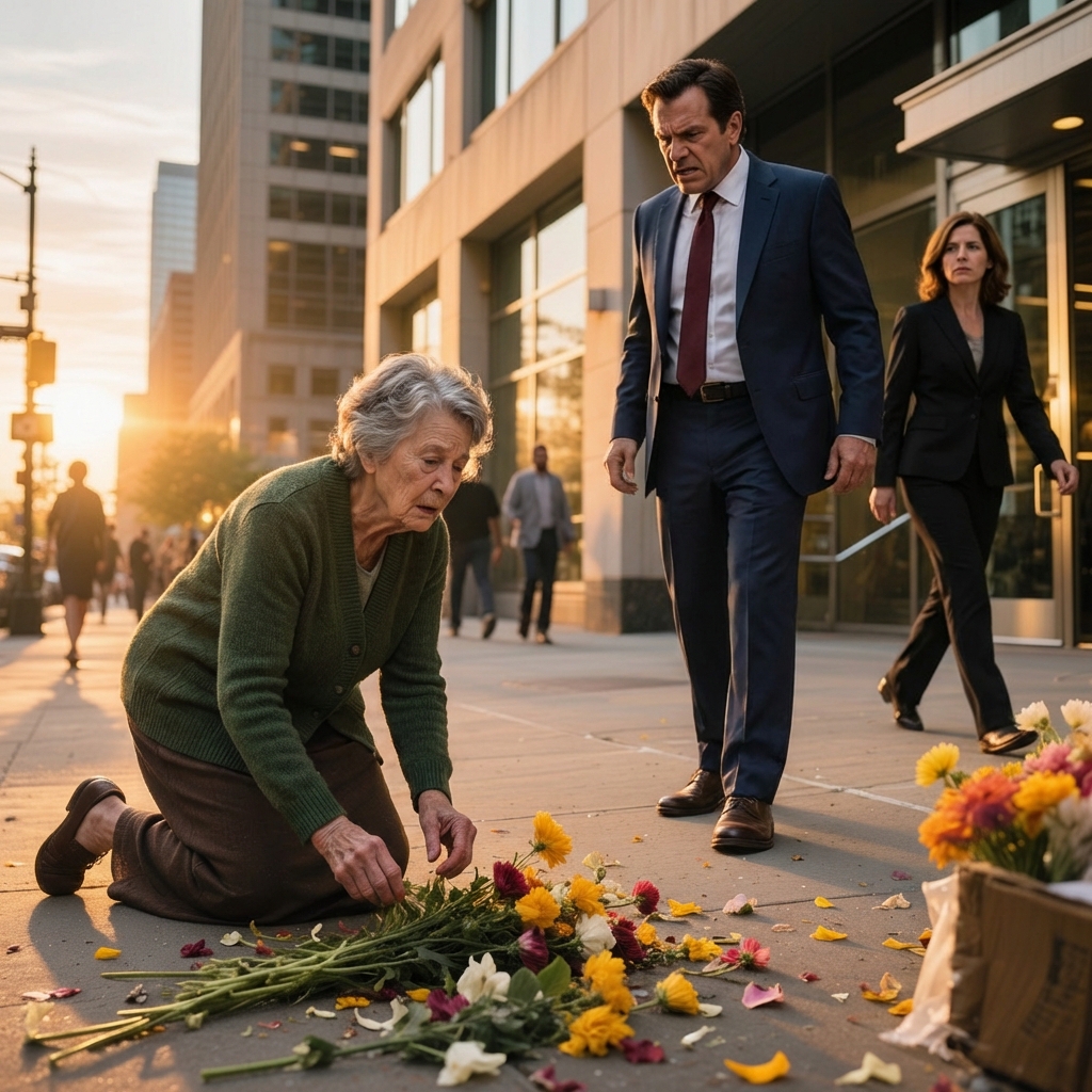 Esmagaram-lhe as flores com os pés, troçando dela por ser “pobre” e indigna daquele lugar. Pétalas vibrantes espalharam-se pelo chão como uma dignidade despedaçada. Ela não reagiu; apenas observou. A multidão nunca imaginou a verdade. A mulher silenciosa que acabavam de humilhar não era nada impotente — era a mãe da dona do lugar. E a justiça já estava a ser feita.